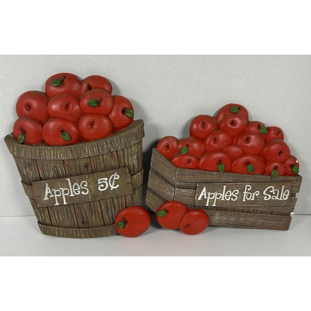 Set Of 2 VTG Molded Kitchen Wall Hanging Decor Apples in Bucket 9" 7" 90's